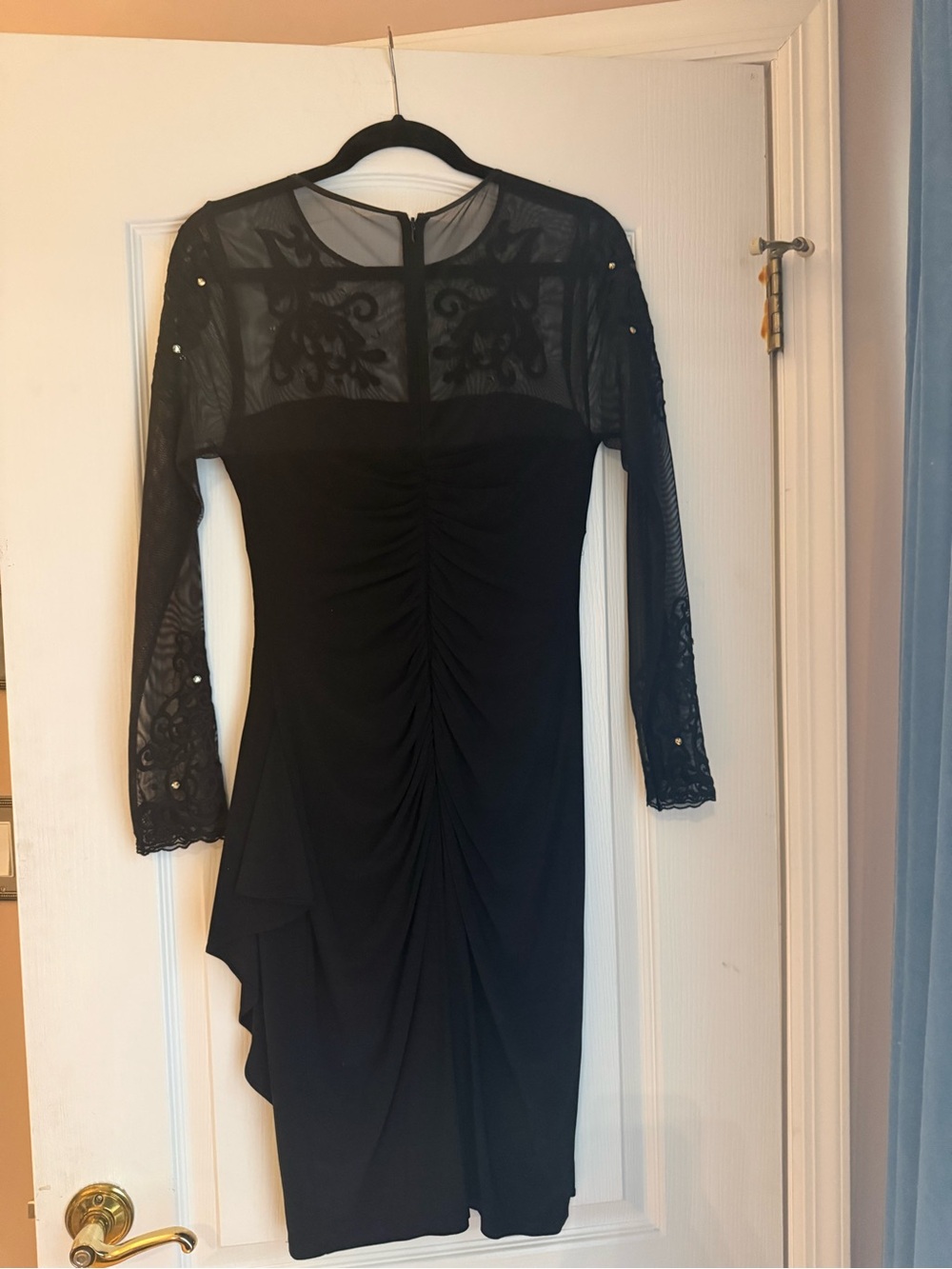 Xscape Sleek Black Dress with Mesh Detail - Black; beautiful lace sleeves